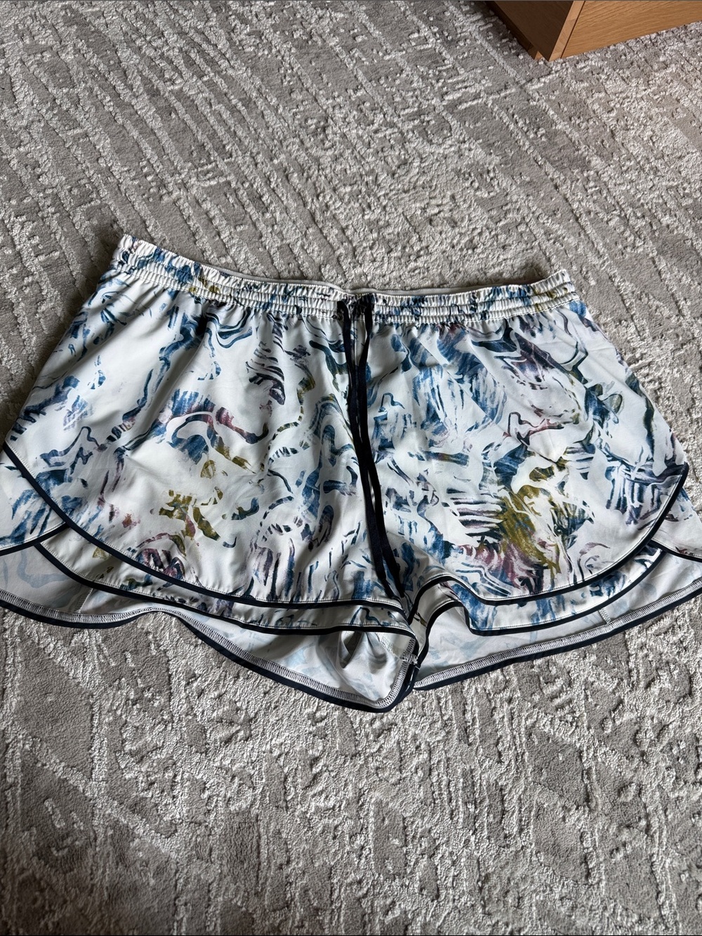 Calia White Abstract Print Athletic Shorts with Navy Trim